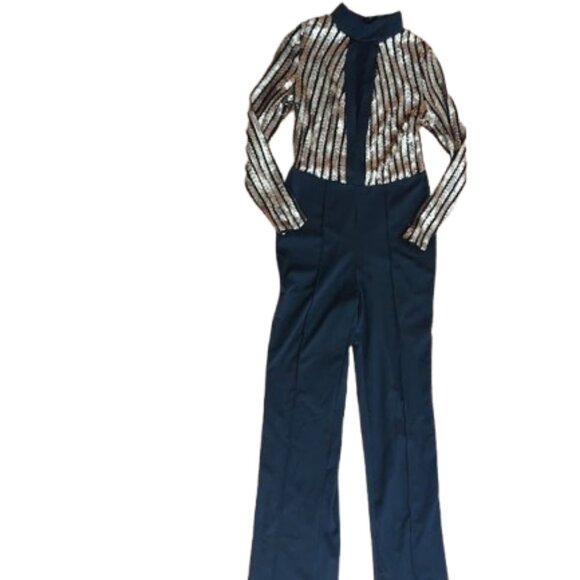 Black and Gold Sequined Jumpsuit Fits Size Medium / Large NEW NWOT - Picture 1 of 8